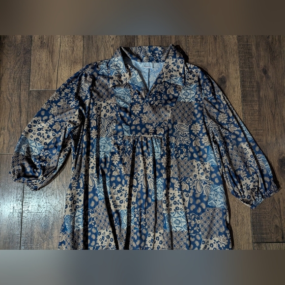 Only Necessities Womens 1X Grannie Core Blue Gold Print Rayon Maxi Nightgown VTG - Picture 2 of 14